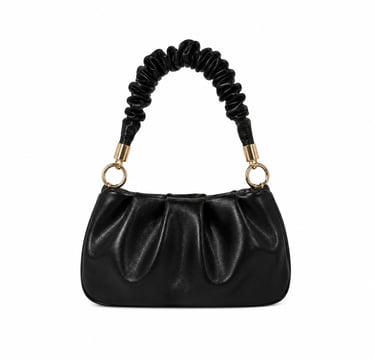 Elegant black ruched mini handbag with soft gathered details.