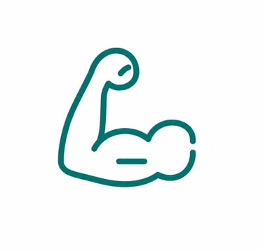 A green line art icon of a flexing bicep muscle representing fitness and strength.