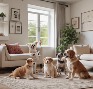 A cozy, sunlit dog boarding room with soft bedding and natural wooden accents, reflecting a calm home-style environment.