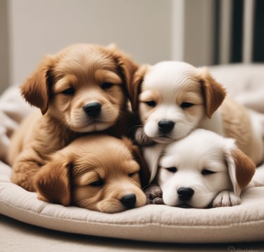 A cozy, sunlit dog boarding room with soft bedding and natural wooden accents, reflecting a calm home-style environment.
