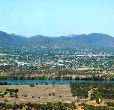 Aerial view of the town, from west. Rockhampton, Queensland, Australia