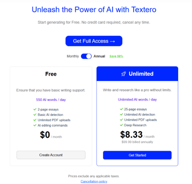 Textero Pricing Plan with free and unlimited plans tag