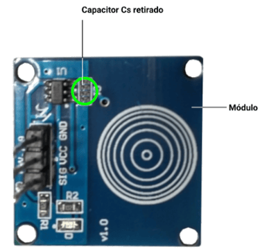 Modulo Sensor Touch TTP223 com Capacitor de ajuste de sensibilidade Cs retirado