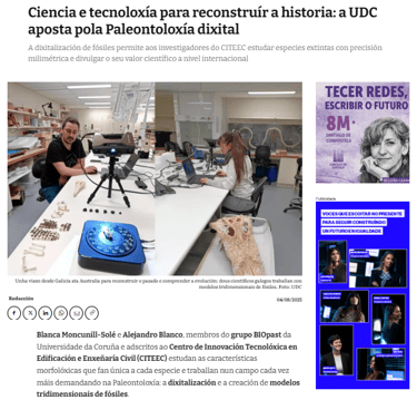 Researchers in a laboratory using 3D scanning technology and digital paleontological models to study fossils.