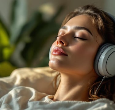 a woman with headphones on a couch