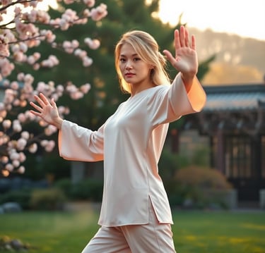 a woman in a white shirt and pants is doing a taido