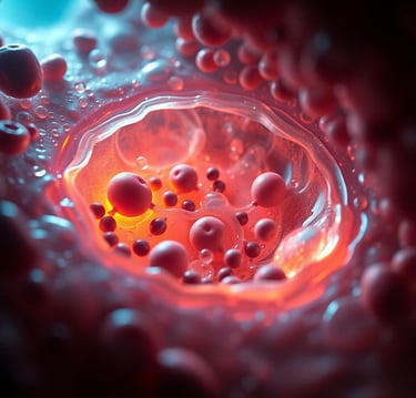 a close up of a red liquid filled with bubbles