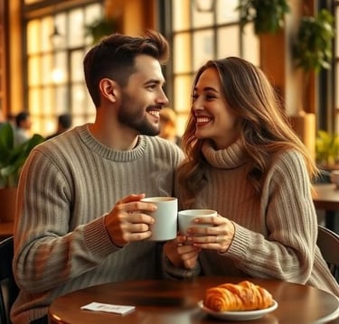 a man and woman sitting at a table with coffee