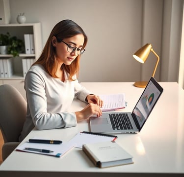 a woman sitting at a desk with a laptop and a notebook
