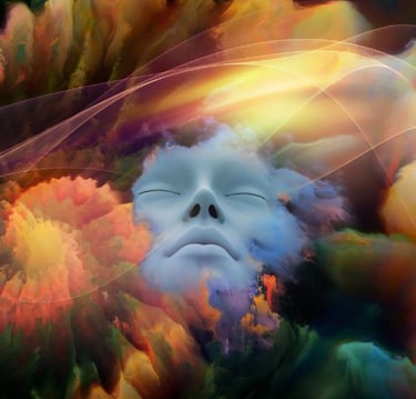 a white mask with a white face and a colorful background