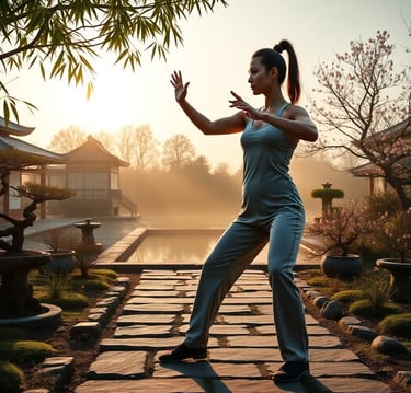 a woman in a blue jumpsuit doing a yoga pose