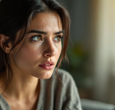 a woman with a serious look on her face