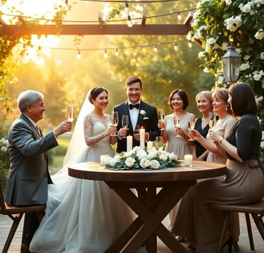 a bride and groom and bride with champagne glasses