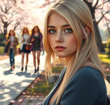 a woman with blonde hair and green eyes