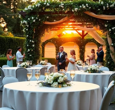 a wedding party with a couple of people standing around a table