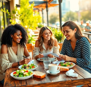 women friends sharing notes over lunch