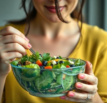 a woman eating mixed greens in a salad bowl