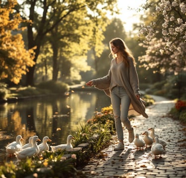 a woman walking down a path with ducks and ducks