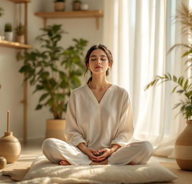 a woman sitting on a rug in a room