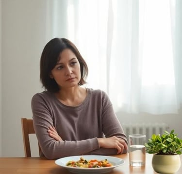 a woman sitting at a table with a plate of food