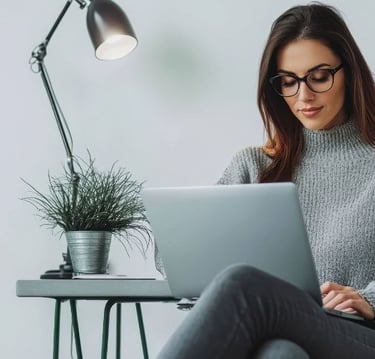 woman on computer in a cozy nook