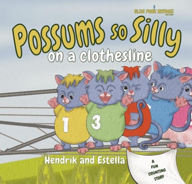 Possums so Silly on a Clothesline children's counting book cover featuring colorful illustrated opossums.