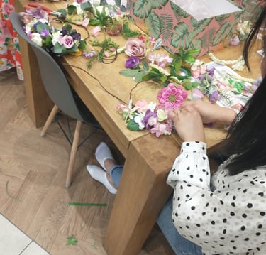 making a floral wreath at a hen party in York