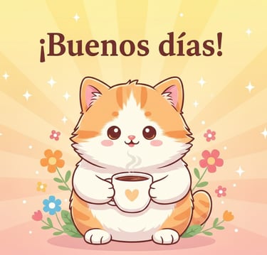 Gato animado kawaii naranja y blanco sosteniendo una taza de café con un corazón rojo