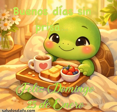 buenos días sin prisa feliz domingo 23 de enero tortuga descansando y desayunando en su cama