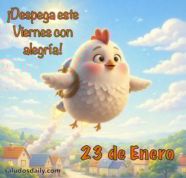 gallina con jetpack despegando deseando viernes con alegría 23 de enero