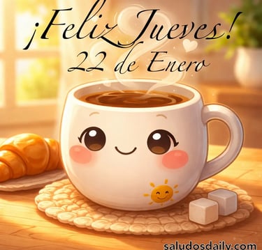 taza de café humeante deseando un feliz jueves 22 de enero