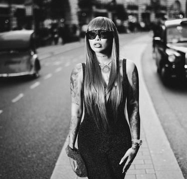 B&W street fashion portrait captured by Fred Art Studio on Oxford Street, London.
