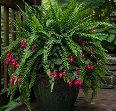 Vibrant pink fuchsia flowers and lush green Boston fern in a decorative garden planter on a wooden deck.