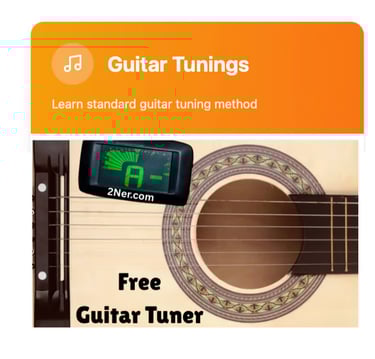 Digital online guitar tuner displayed on an acoustic guitar for standard tuning lessons.