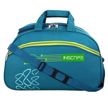a blue duffel bag with a green and yellow logo and sturdy handle and shoulder strap