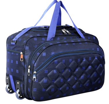 a blue duffle wheeler bags with shoulder strap and two wheel