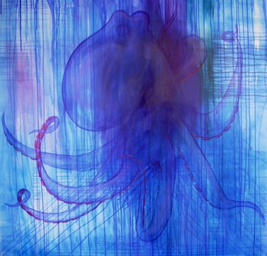 a painting of an octopus in a blue and purple background