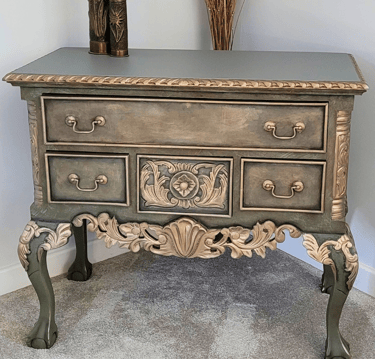 Green layered Chippendale-style cabinet with gold detail – custom makeover by Absolutely Mintage