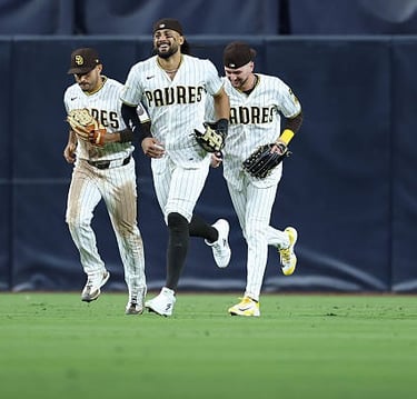 Ramón Laureano, Fernando Tatis Jr., Jackson Merrill (San Diego Padres) vs Seattle Mariners on 4/16/26 in San Diego