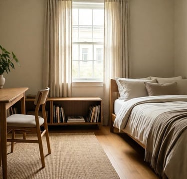 Multipurpose spare room with desk, wooden chair, bed with linen bedding, bookshelf and potted plant