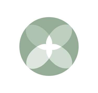 A minimalist sage green geometric circle logo with a four-leaf floral motif centered on a black background.