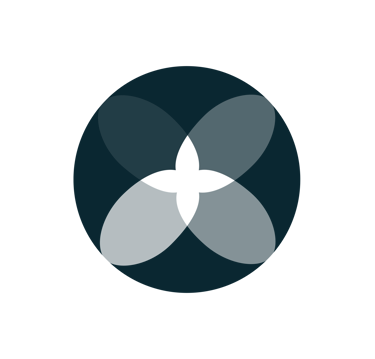 Minimalist geometric logo featuring overlapping dark blue circles forming a floral petal pattern on a black background.