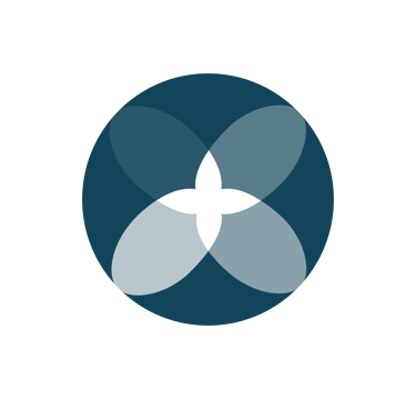 Abstract geometric blue circle logo with overlapping petals on a black background.
