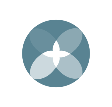 Geometric blue circle logo with overlapping petals forming a black floral center on a dark background.