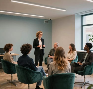 A sophisticated Scandinavian-style office with high ceilings and warm lighting. A professional casting director is chatting warmly with a diverse group of actors in a space featuring #1A5E63 velvet chairs and #ECF3F4 walls. The mood is artistic, professional, and fashion-oriented.