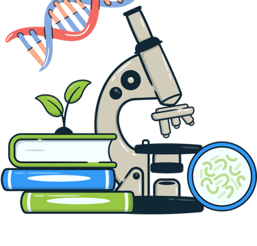 "Icon representing available biology tuition with a leaf, test tube, and academic tools."