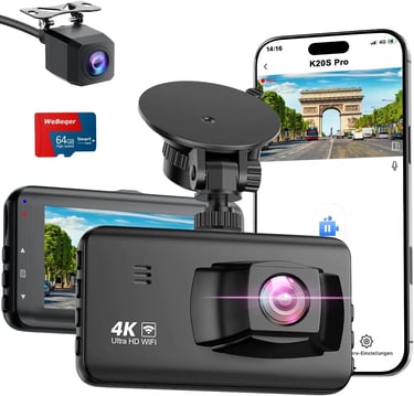 WeBeqer Dashcam 4K/1080P,WiFi Dash CAM Coche,Tarjeta 64GB, color negro