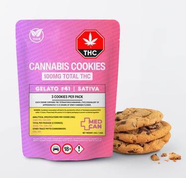Package of Gelato #41 sativa cannabis cookies containing 100mg THC next to stacked chocolate chip cookies.