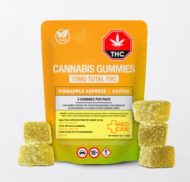 Pineapple Express Sativa cannabis gummies in an orange pouch with sugar-coated THC edibles.