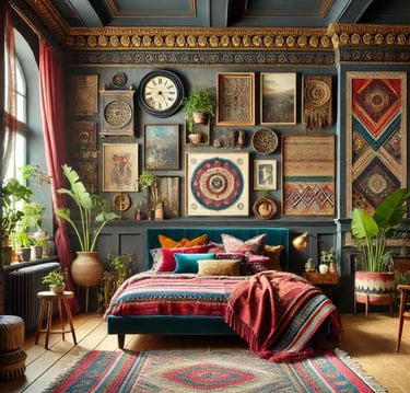 Eclectic bedroom design with bold patterns and a mix of vintage and modern pieces.